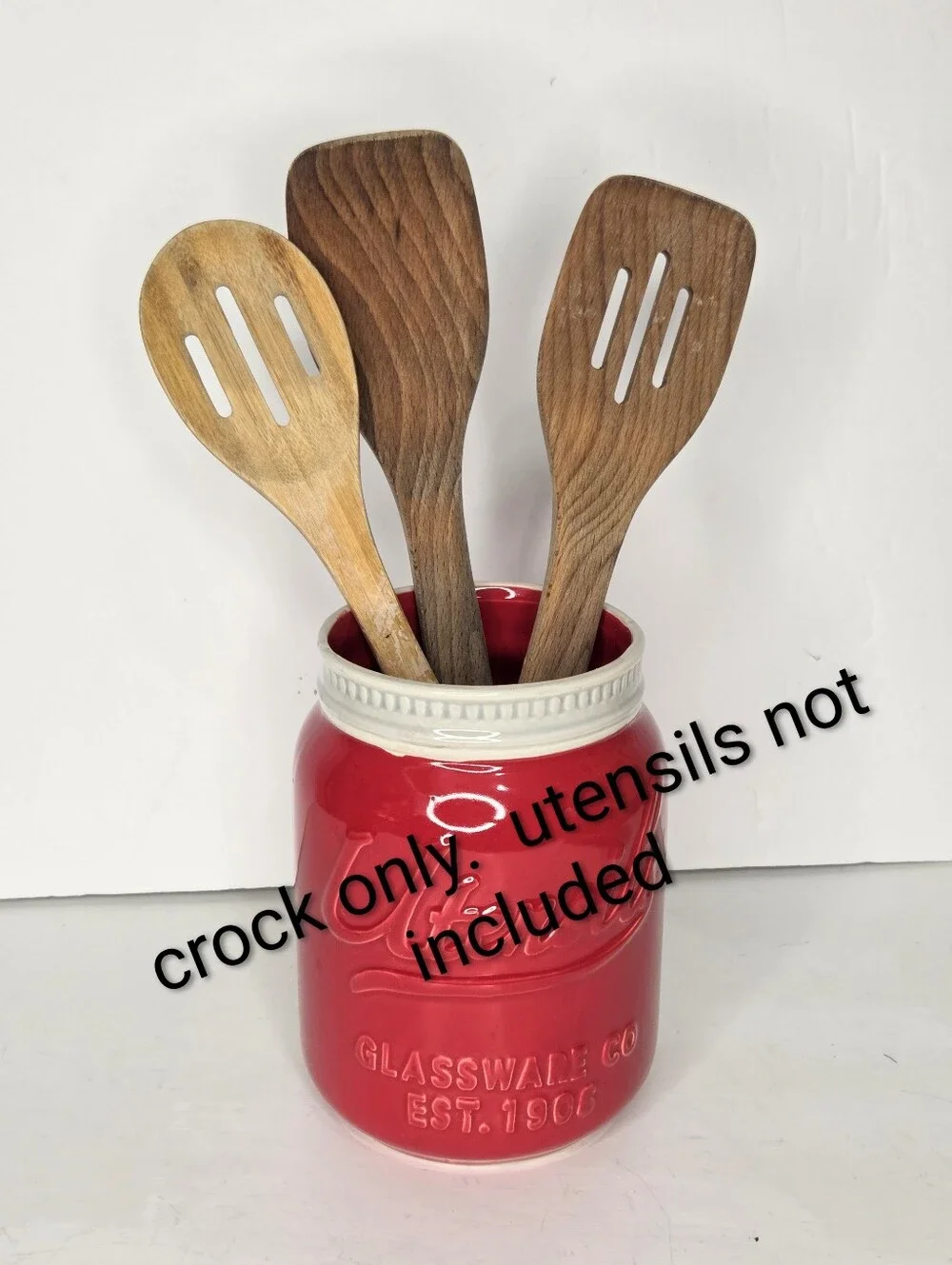 Red Ceramic Mason Jar Crock Utensil Holder Farmhouse Vase‎ Country Decor